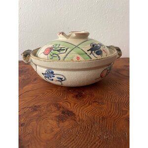 Japanese handmade/hand painted vintage clay pot with vented lid